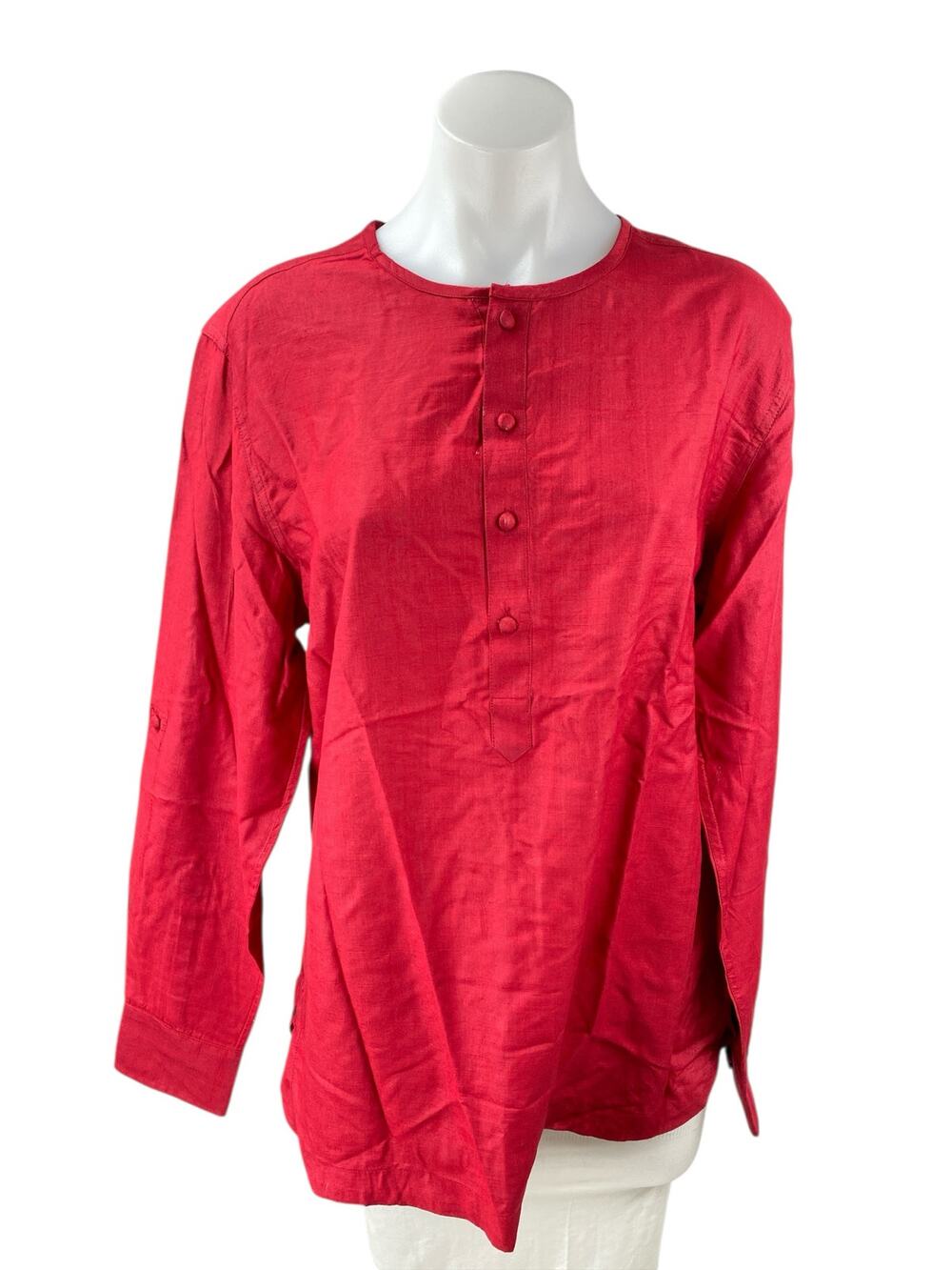NEW Fabindia Womens Red Silk Button Long Sleeve Henley Shirt Blouse Top Size S